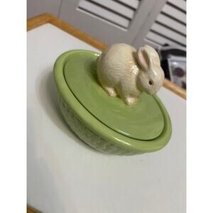 Hallmark Ceramic Easter Bunny Green Basket Lidded Candy